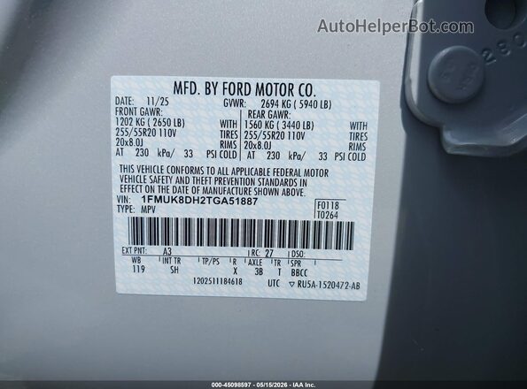 1FMUK8DH2TGA51887 2026 FORD EXPLORER Silver Widok komory silnika