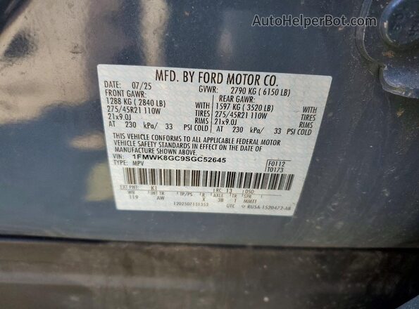 1FMWK8GC9SGC52645 2025 FORD EXPLORER Gray Widok naklejki z numerem VIN