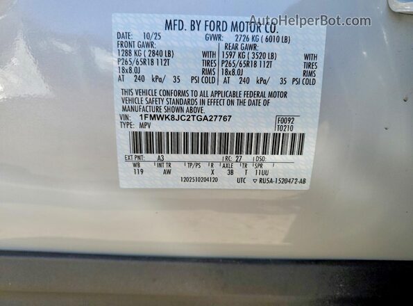 1FMWK8JC2TGA27767 2026 FORD EXPLORER White VIN კოდის სტიკერის ხედი