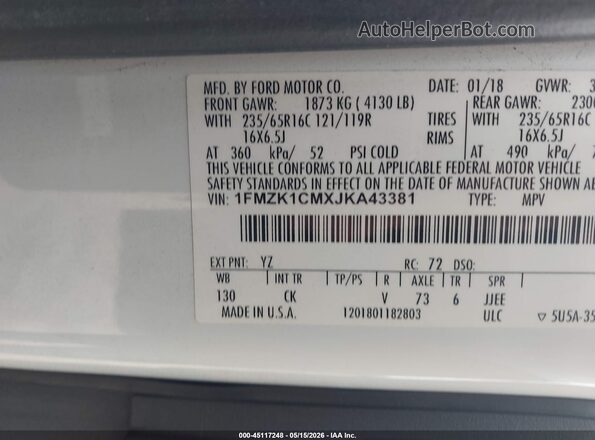 1FMZK1CMXJKA43381 2018 FORD TRANSIT-150 White Вид підкапотного простору