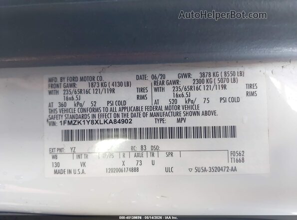 1FMZK1Y8XLKA84902 2020 FORD TRANSIT-150 PASSENGER VAN White Widok komory silnika