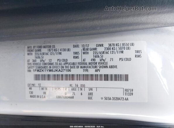 1FMZK1YM6JKA27106 2018 FORD TRANSIT-150 White 