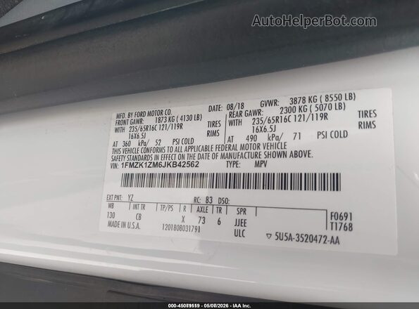 1FMZK1ZM6JKB42562 2018 FORD TRANSIT-150 White 