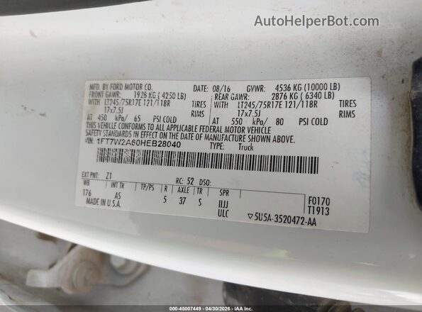 1FT7W2A60HEB28040 2017 FORD F-250 White Vista del compartimento del motor