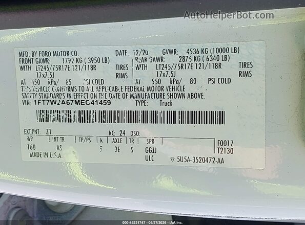 1FT7W2A67MEC41459 2021 FORD F-250 White Շարժիչի բաժամունքի տեսք