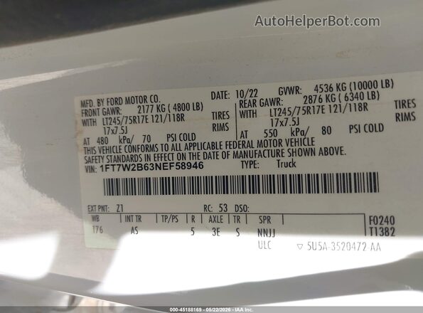 1FT7W2B63NEF58946 2022 FORD F-250 Белый Вид подкапотного пространства