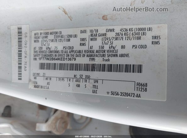 1FT7W2B64KED13679 2019 FORD F-250 White Շարժիչի բաժամունքի տեսք