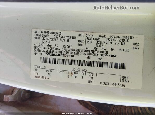1FT7W2B65KEE01818 2019 FORD F-250 White Вид підкапотного простору