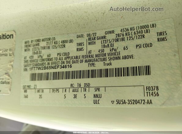 1FT7W2B65NEF34616 2022 FORD F-250 White Vista del compartimento del motor