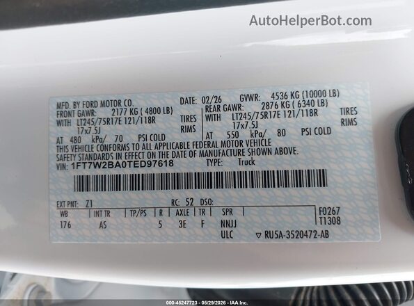 1FT7W2BA0TED97618 2026 FORD F-250 White Շարժիչի բաժամունքի տեսք