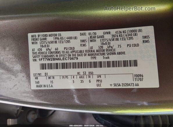 1FT7W2BN6LEC70679 2020 FORD F-250 Gray Engine compartment view