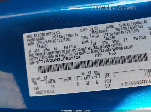 1FT7W2BN8LEE59124 2020 FORD F-250 Синий Вид подкапотного пространства