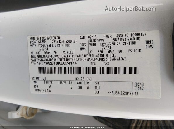 1FT7W2BT0KEC74174 2019 FORD F-250 White ძრავის განყოფილების ხედი