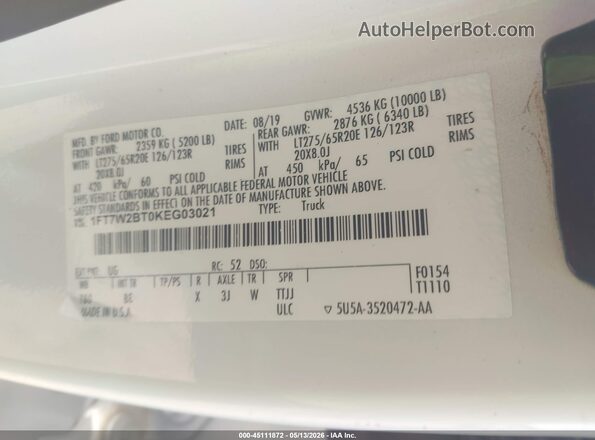 1FT7W2BT0KEG03021 2019 FORD F-250 White Vista del compartimento del motor