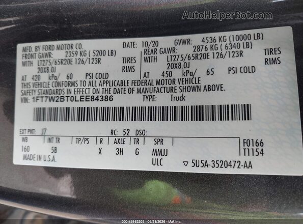 1FT7W2BT0LEE84386 2020 FORD F-250 Gray Vista del compartimento del motor