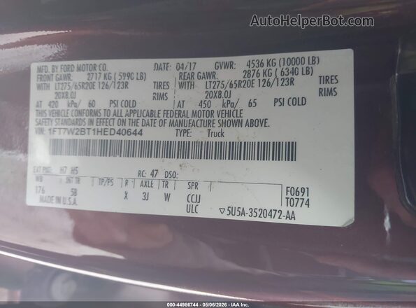 1FT7W2BT1HED40644 2017 FORD F-250 Burgundy 