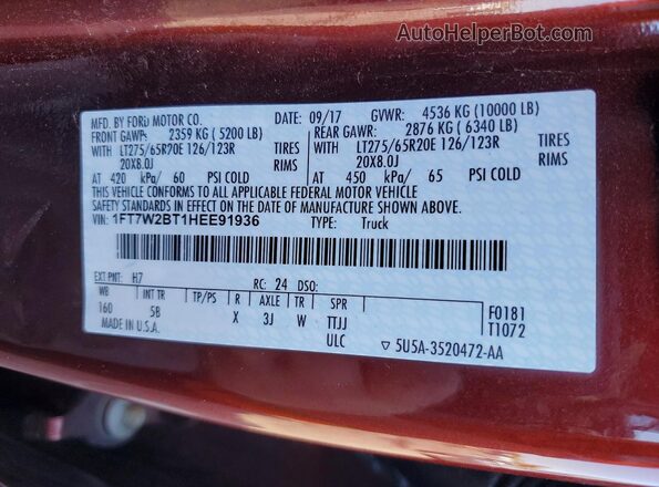 1FT7W2BT1HEE91936 2017 FORD F250 Burgundy Вид підкапотного простору