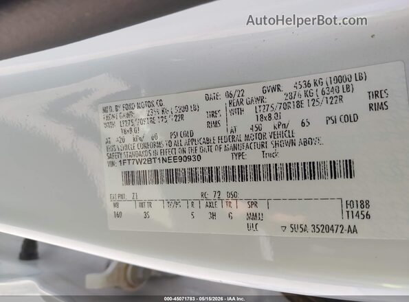 1FT7W2BT1NEE90930 2022 FORD F-250 White ძრავის განყოფილების ხედი