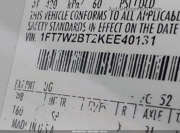 1FT7W2BT2KEE40131 2019 FORD F-250 White Շարժիչի բաժամունքի տեսք