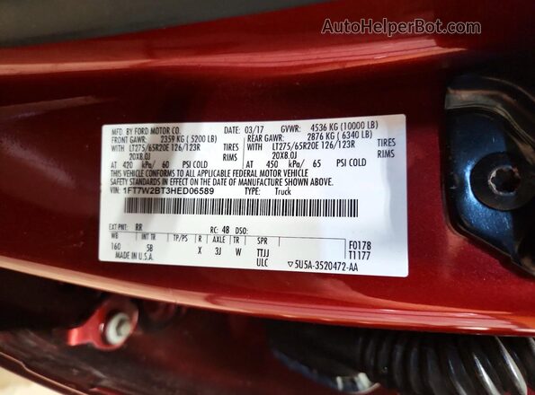 1FT7W2BT3HED06589 2017 FORD F Red Շարժիչի բաժամունքի տեսք