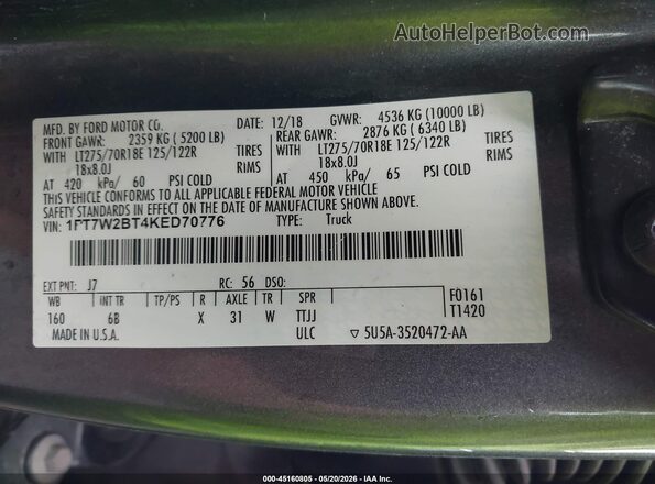 1FT7W2BT4KED70776 2019 FORD F-250 Gray 