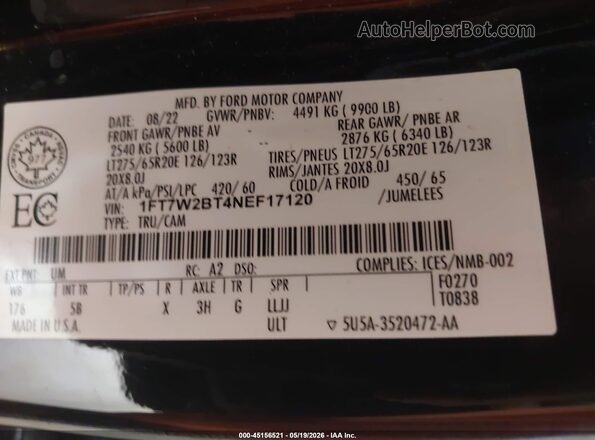 1FT7W2BT4NEF17120 2022 FORD F-250 Черный Вид подкапотного пространства