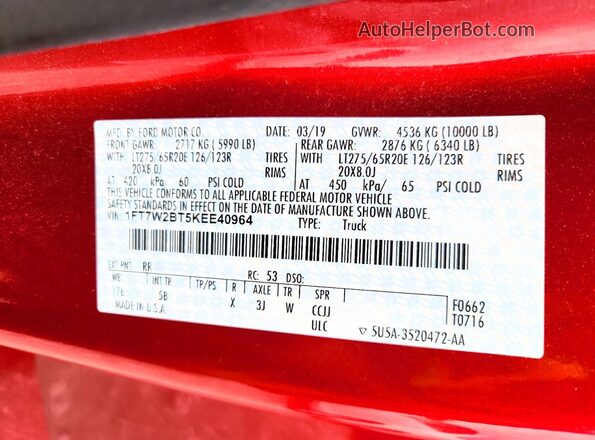 1FT7W2BT5KEE40964 2019 FORD F250 Red 