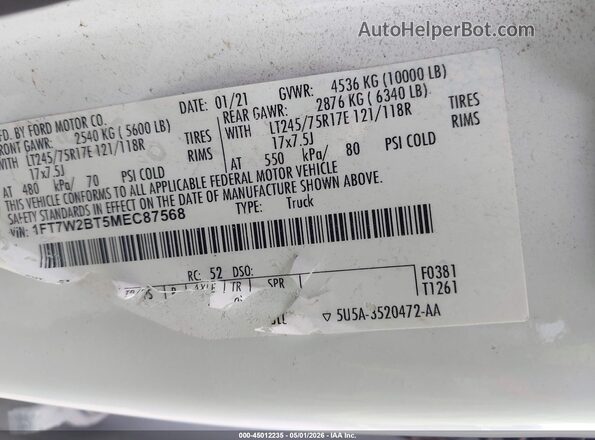 1FT7W2BT5MEC87568 2021 FORD F-250 White Շարժիչի բաժամունքի տեսք