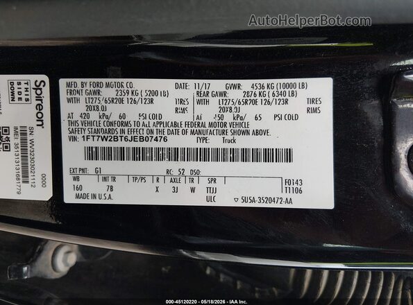 1FT7W2BT6JEB07476 2018 FORD F-250 Черный Вид подкапотного пространства