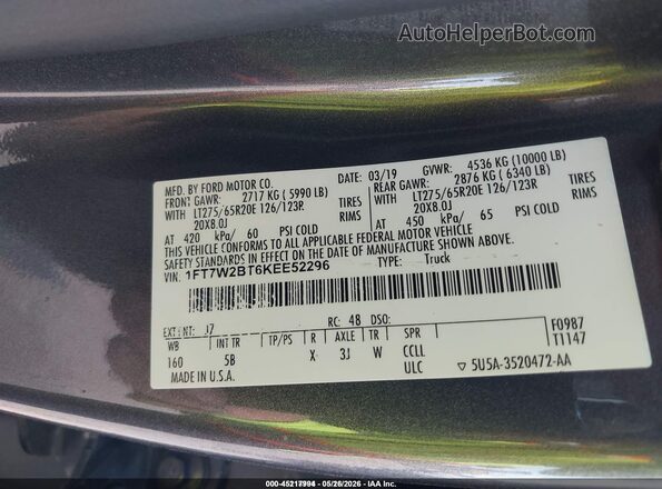 1FT7W2BT6KEE52296 2019 FORD F-250 Gray Vista del compartimento del motor