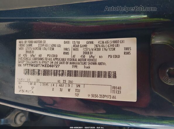 1FT7W2BT7KED60727 2019 FORD F-250 Blue 