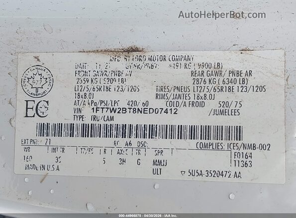1FT7W2BT8NED07412 2022 FORD F-250 White ძრავის განყოფილების ხედი