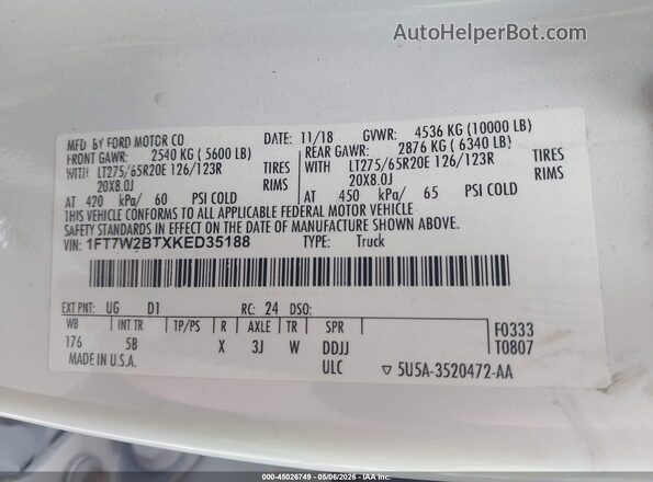 1FT7W2BTXKED35188 2019 FORD F-250 White 