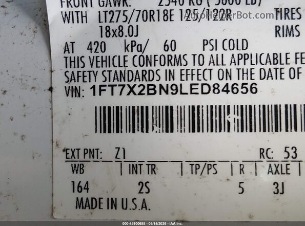 1FT7X2BN9LED84656 2020 FORD F-250 White 