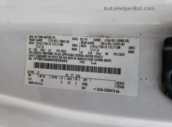 1FTBF2A66KEE54202 2019 FORD F250 Белый 