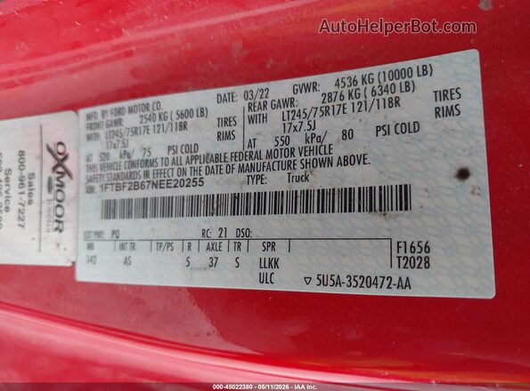1FTBF2B67NEE20255 2022 FORD F-250 Красный Вид подкапотного пространства