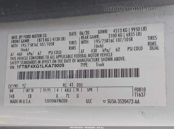1FTBF4XG1LKA79009 2020 FORD TRANSIT-350 White Widok komory silnika