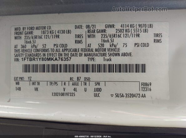 1FTBR1Y80MKA76357 2021 FORD TRANSIT-250 White 