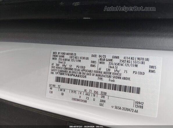 1FTBR1Y83PKA93335 2023 FORD TRANSIT-250 White Շարժիչի բաժամունքի տեսք
