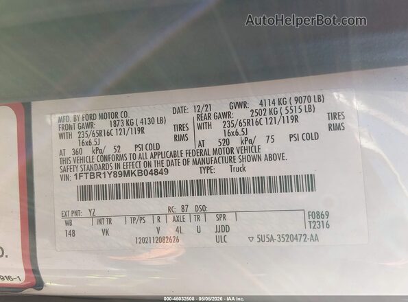1FTBR1Y89MKB04849 2021 FORD TRANSIT-250 White Engine compartment view