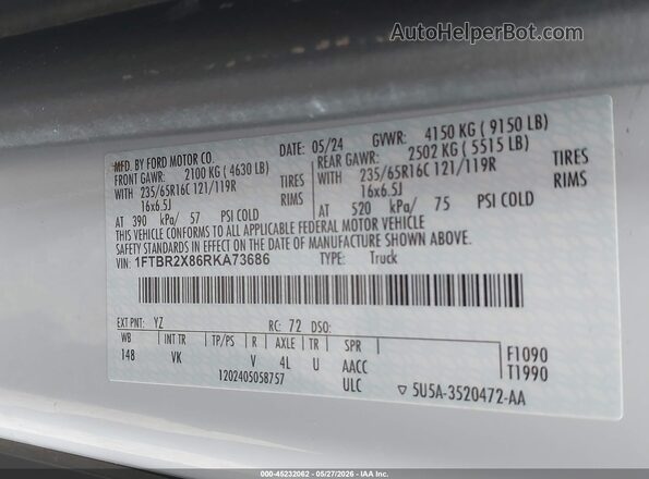 1FTBR2X86RKA73686 2024 FORD TRANSIT-250 White Widok komory silnika