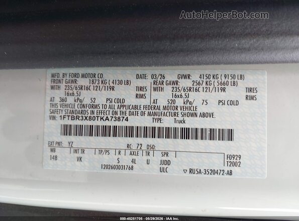 1FTBR3X80TKA73874 2026 FORD TRANSIT-250 Белый Вид подкапотного пространства