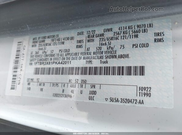 1FTBR3X81PKA42011 2023 FORD TRANSIT-250 White Vista del compartimento del motor