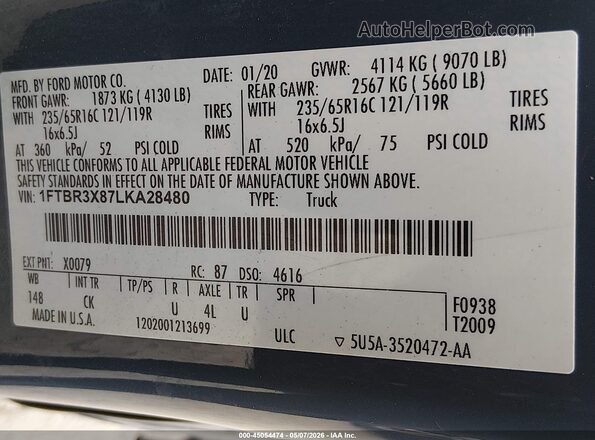 1FTBR3X87LKA28480 2020 FORD TRANSIT-250 Blue Vista del compartimento del motor