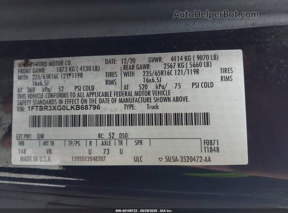 1FTBR3XG0LKB68796 2020 FORD TRANSIT-250 Black Vista de la etiqueta del VIN