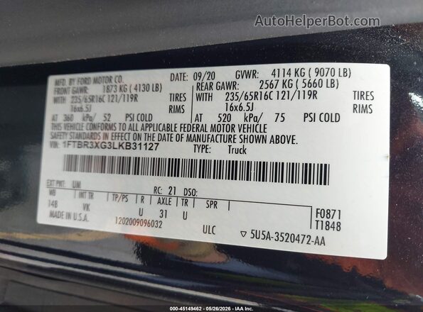 1FTBR3XG3LKB31127 2020 FORD TRANSIT-250 Gray 