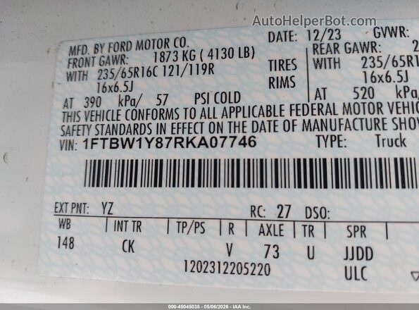 1FTBW1Y87RKA07746 2024 FORD TRANSIT-350 White Вид підкапотного простору