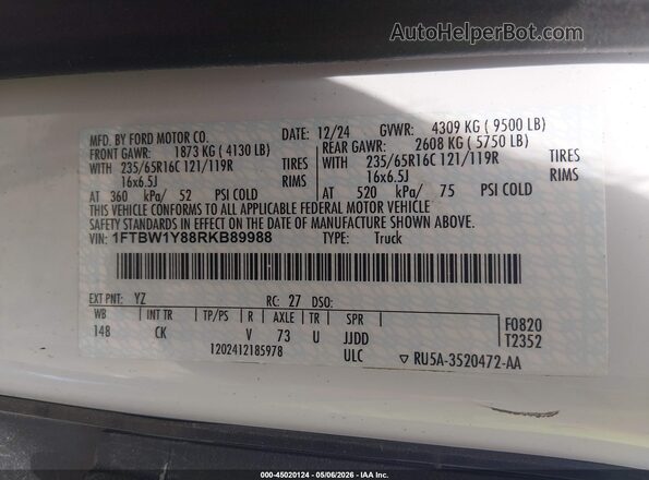 1FTBW1Y88RKB89988 2024 FORD TRANSIT-350 White ძრავის განყოფილების ხედი