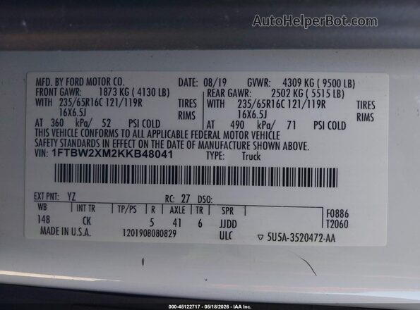 1FTBW2XM2KKB48041 2019 FORD TRANSIT-350 White Engine compartment view
