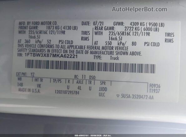 1FTBW3X87MKA62221 2021 FORD TRANSIT-350 White Engine compartment view